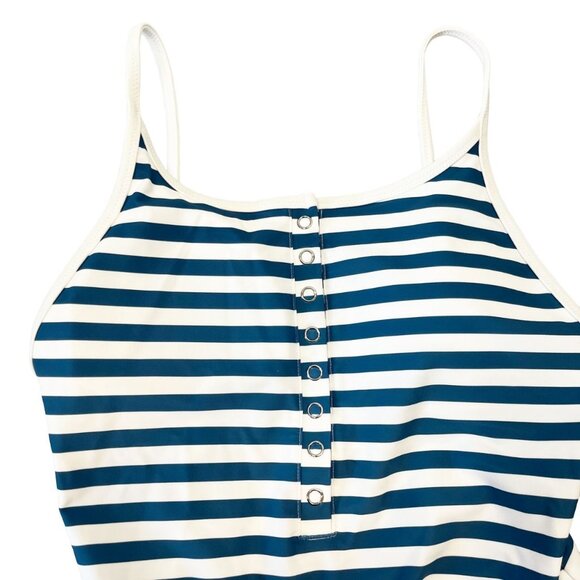 UpWest Henley One Piece Swimsuit NWOT Blue White Striped Scoop Back Size Medium - Picture 3 of 5